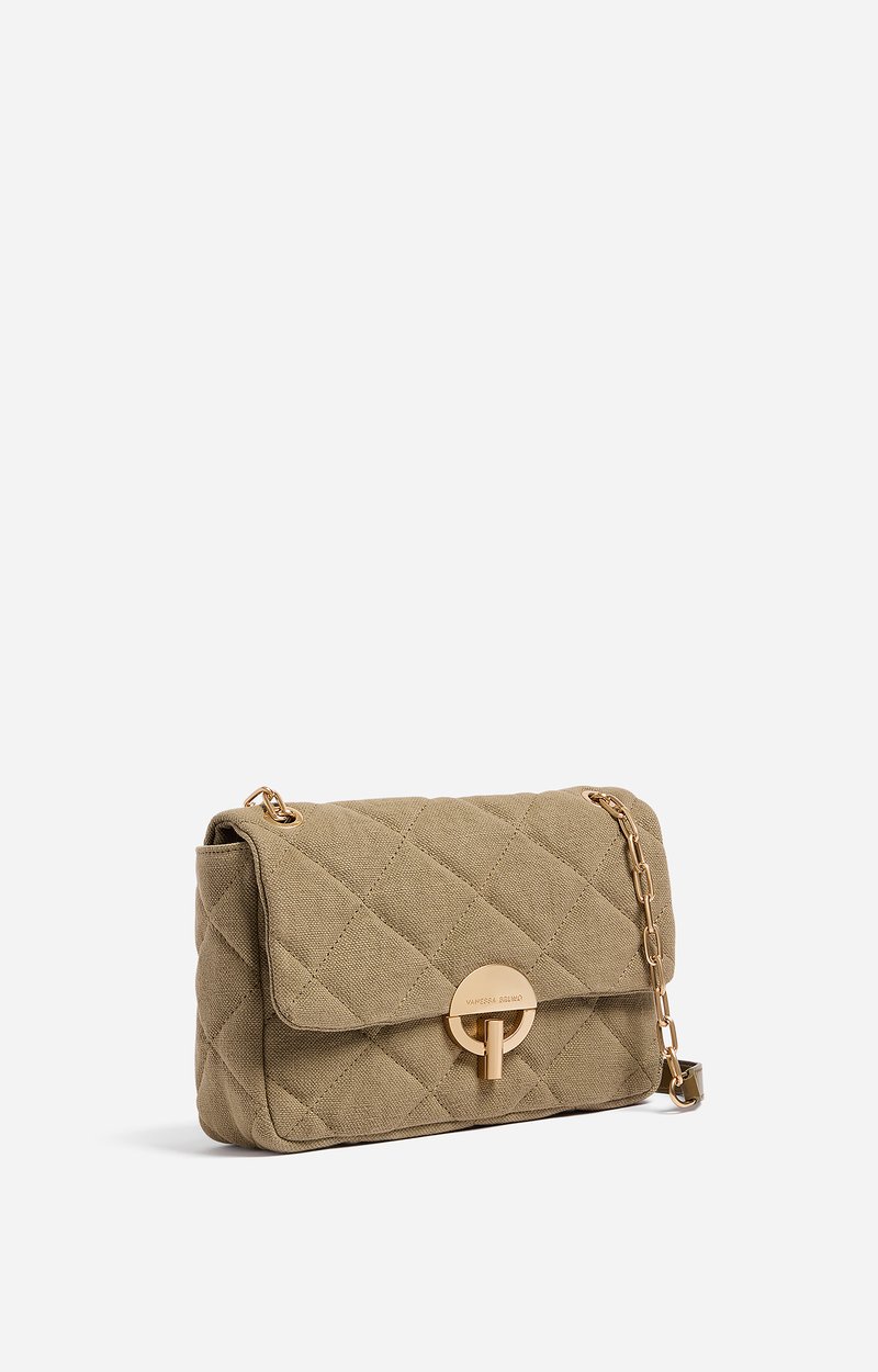 Large Linen Moon Bag Quilted linen, gold clasp, made in Italy Mushroom Vanessa Bruno