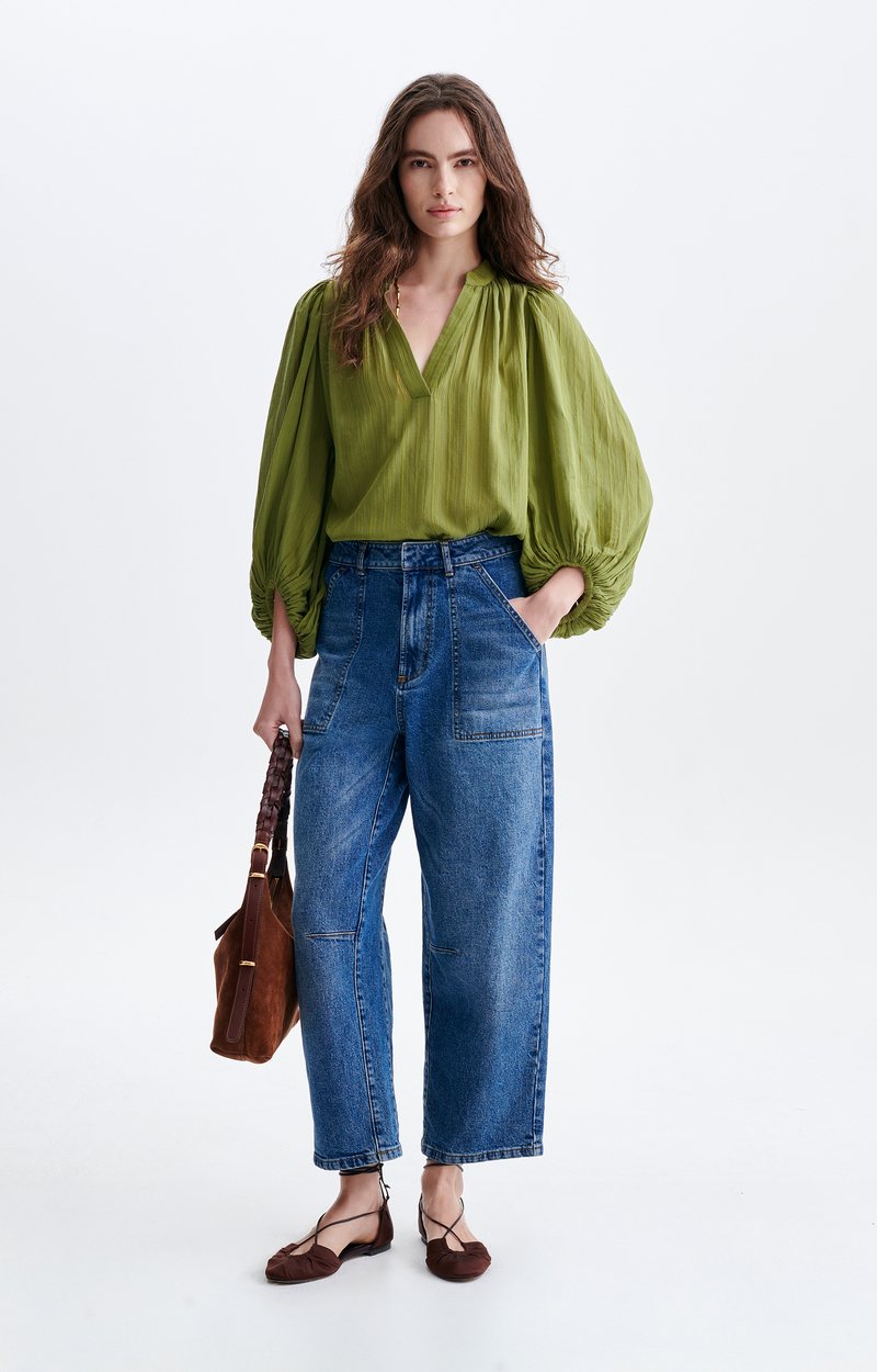 Bell Balloon-Sleeve Blouse, Striped Cotton, V-Neck, Balloon Sleeves
