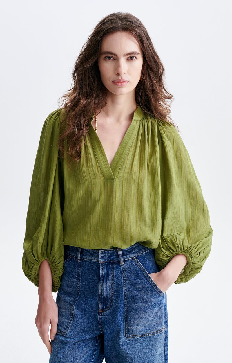 Bell Balloon-Sleeve Blouse Striped Cotton, V-Neck, Balloon Sleeves OLIVE Vanessa Bruno