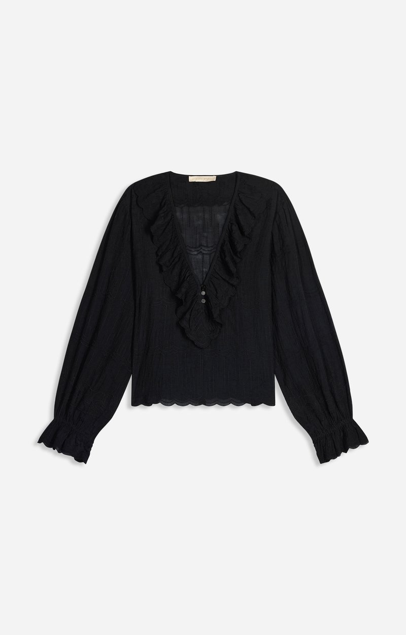 Helea Embroidered Blouse Embroidered cotton, large crossed ruffle, V-neck Black Vanessa Bruno