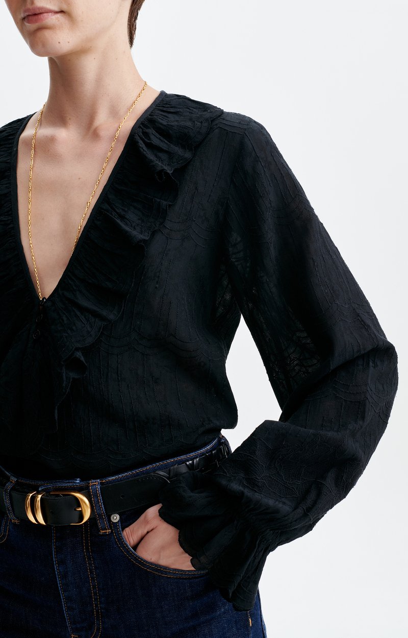 Helea Embroidered Blouse Embroidered cotton, large crossed ruffle, V-neck Black Vanessa Bruno