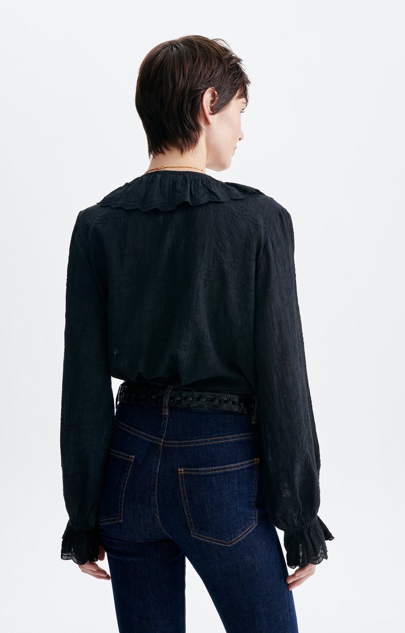 Helea Embroidered Blouse Embroidered cotton, large crossed ruffle, V-neck Black Vanessa Bruno