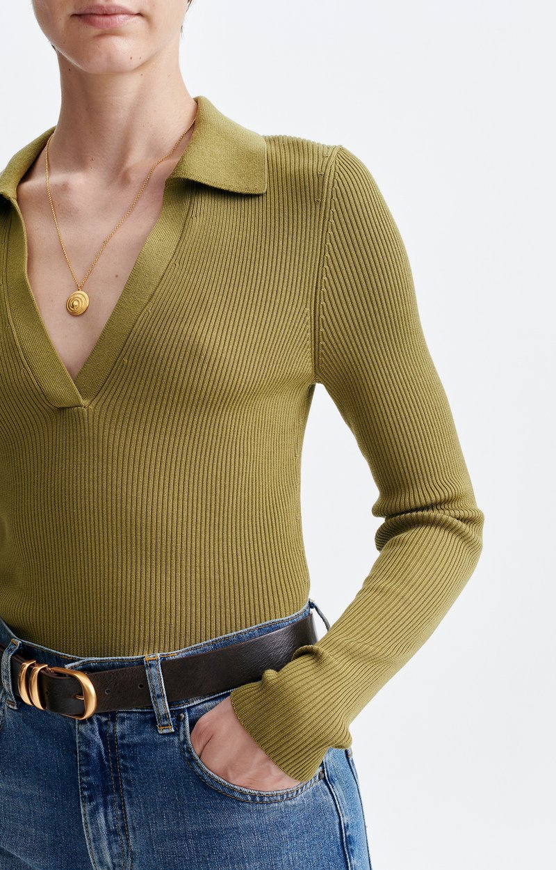 Horace Ribbed Polo Neck Top Ribbed knit, open polo collar, fitted OLIVE Vanessa Bruno