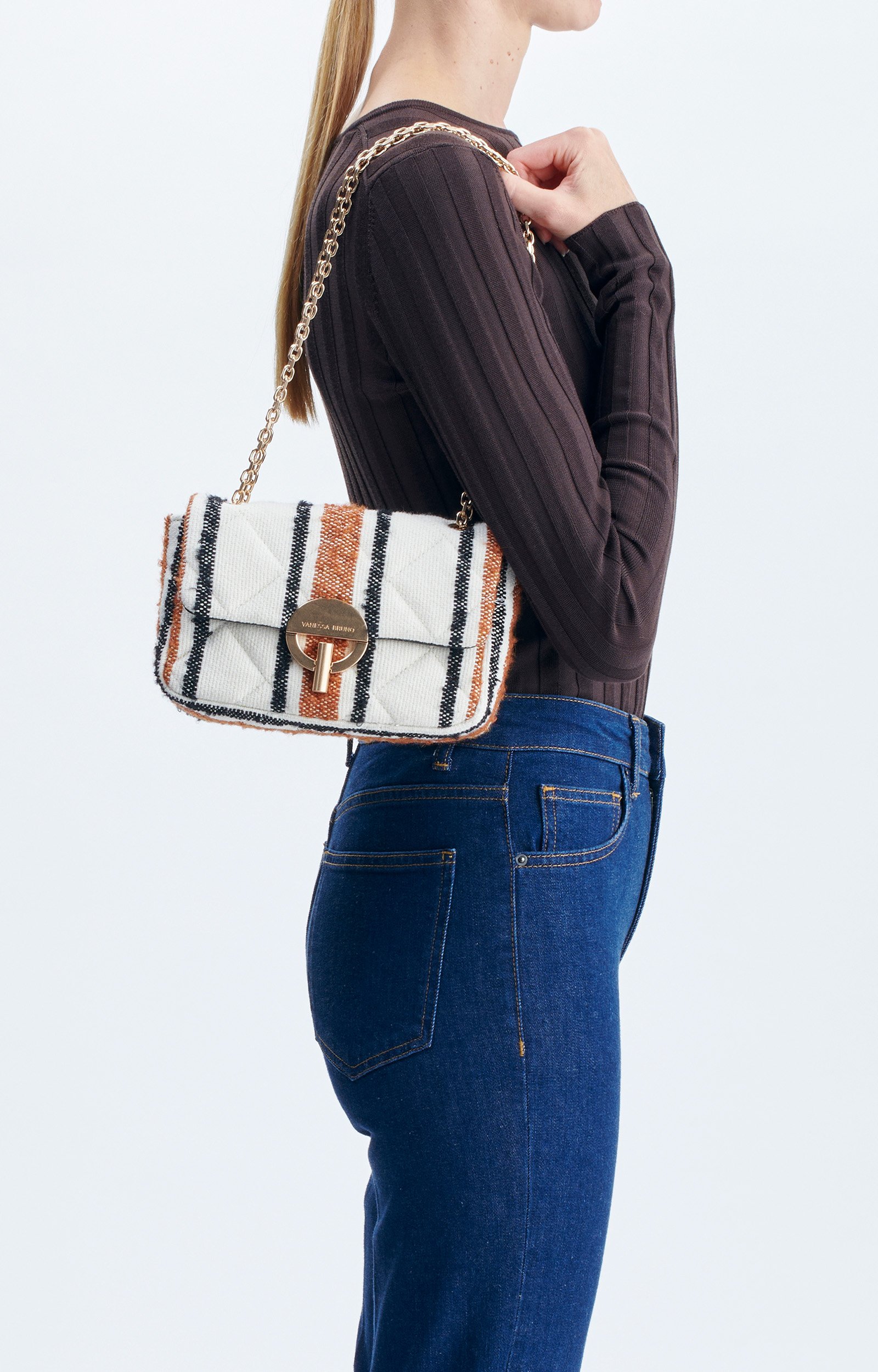 Medium Woven Canvas Moon Bag Striped woven canvas, leather trims MULTICO/BISCUIT Vanessa Bruno