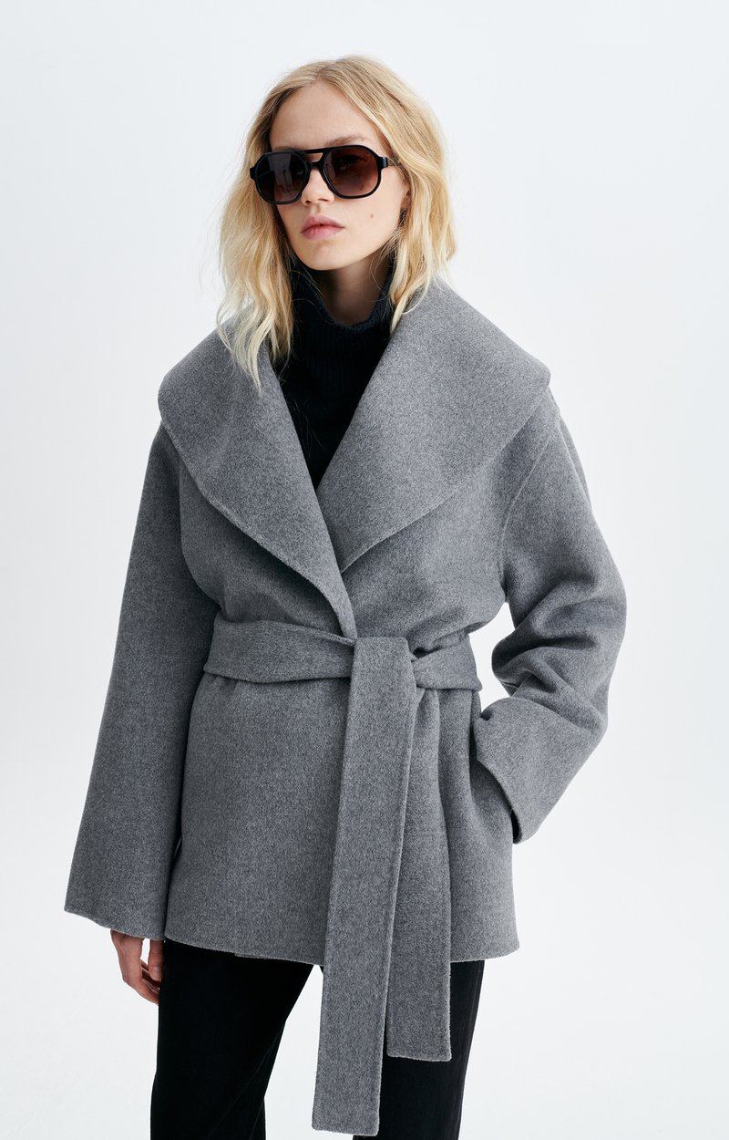 Gracie Coat Belted wool coat, shawl collar Tweed grey Vanessa Bruno