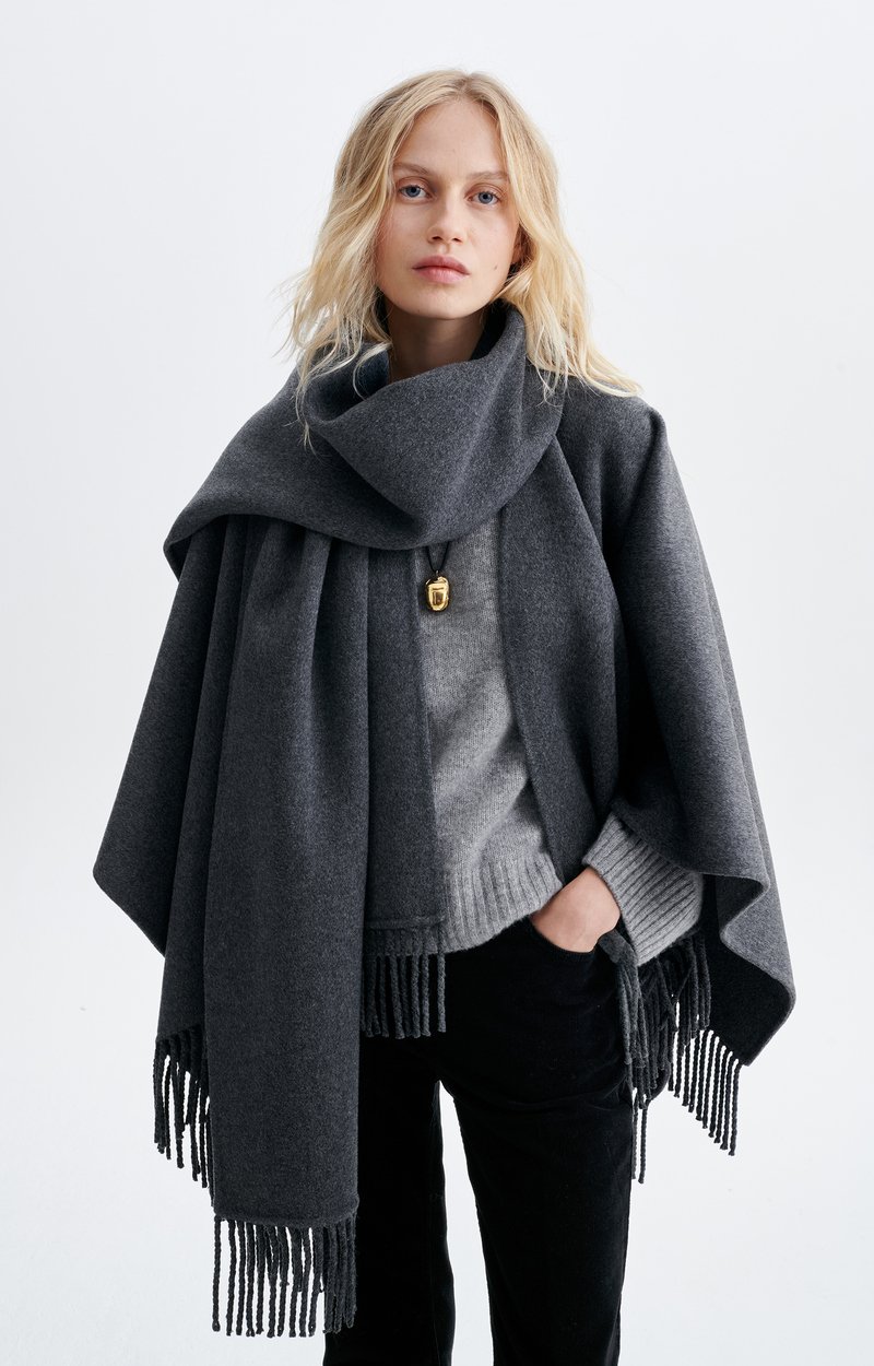 Hope Poncho Fringed wool poncho, detachable scarf HEATHER ANTHRACITE Vanessa Bruno