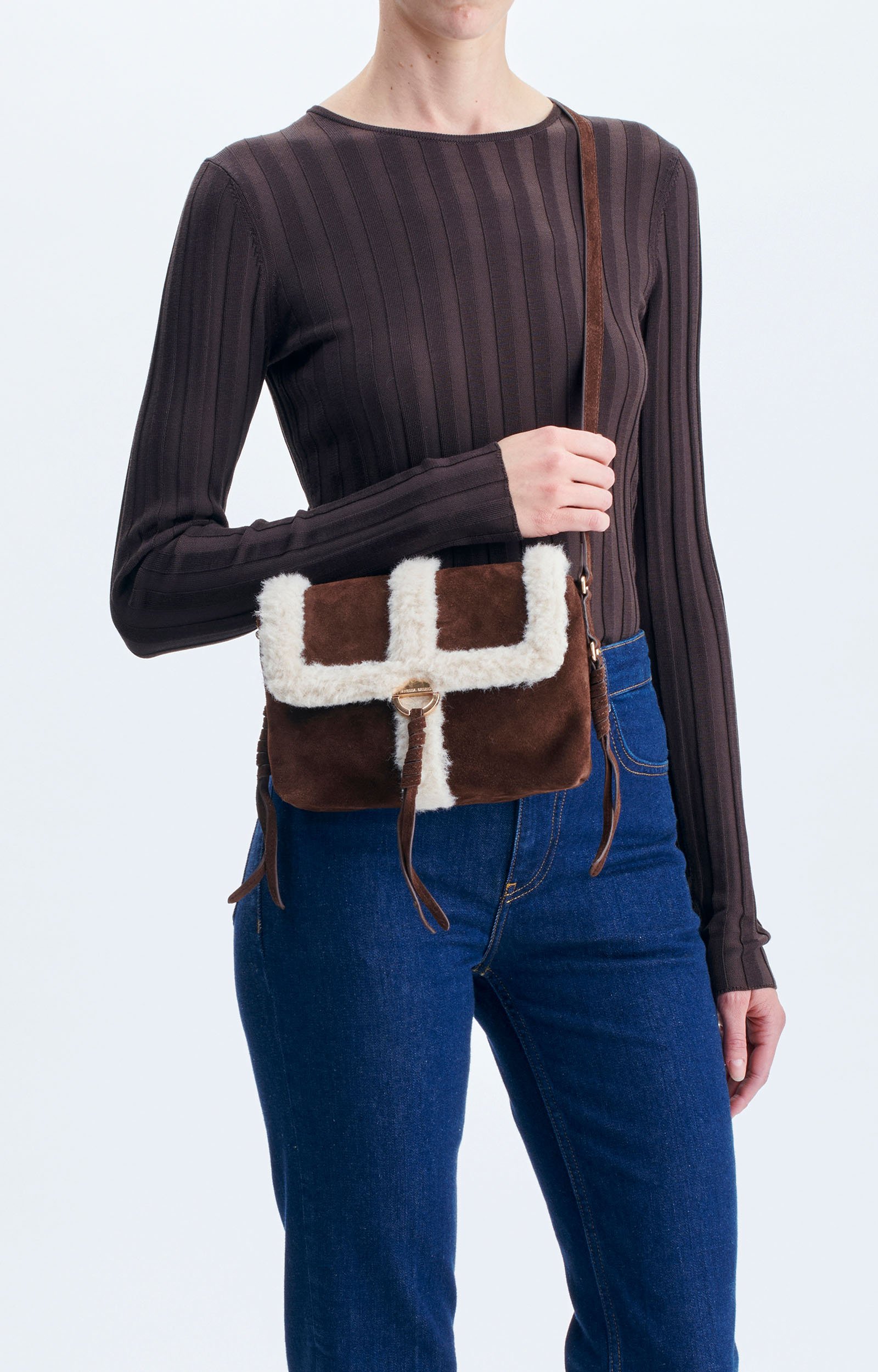 Small Shearling Leather Othilia Bag Nubuck and shearling clutch, leather strap Classic Brown Vanessa Bruno