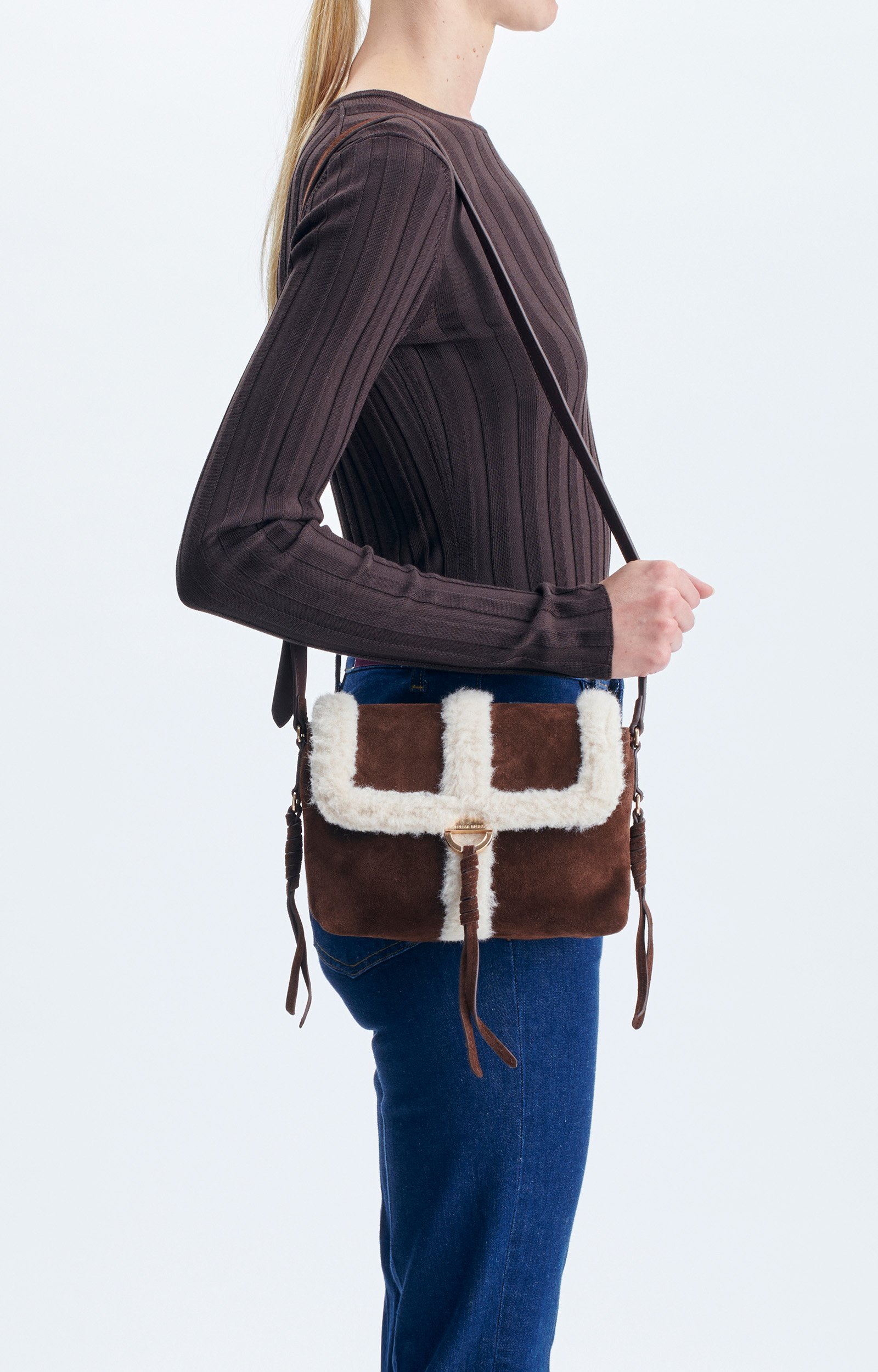 Small Shearling Leather Othilia Bag Nubuck and shearling clutch, leather strap Classic Brown Vanessa Bruno