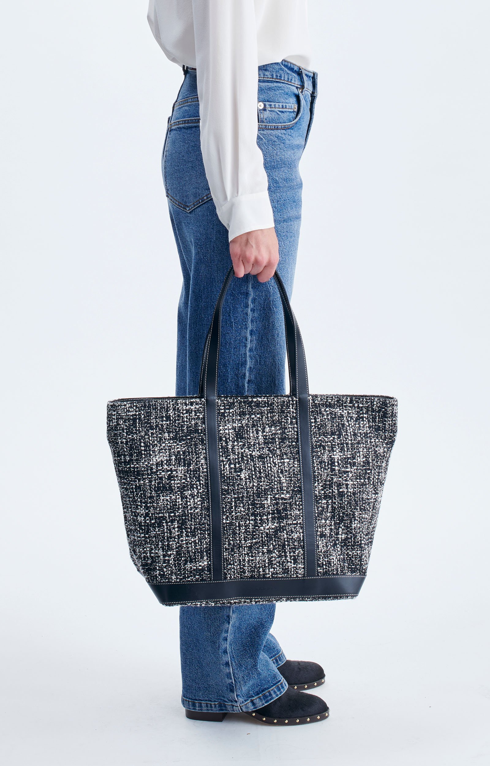 Tweed L Cabas Tote Tweed cabas, leather trims Black / White Vanessa Bruno